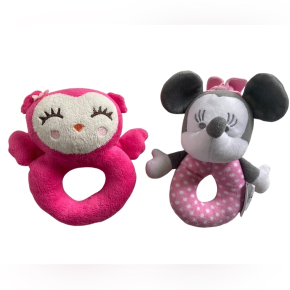 Set - 2 Baby Girl Plush Rattles Carter's Pink Owl Disney Baby Minnie Mouse 5.5" - Picture 1 of 9
